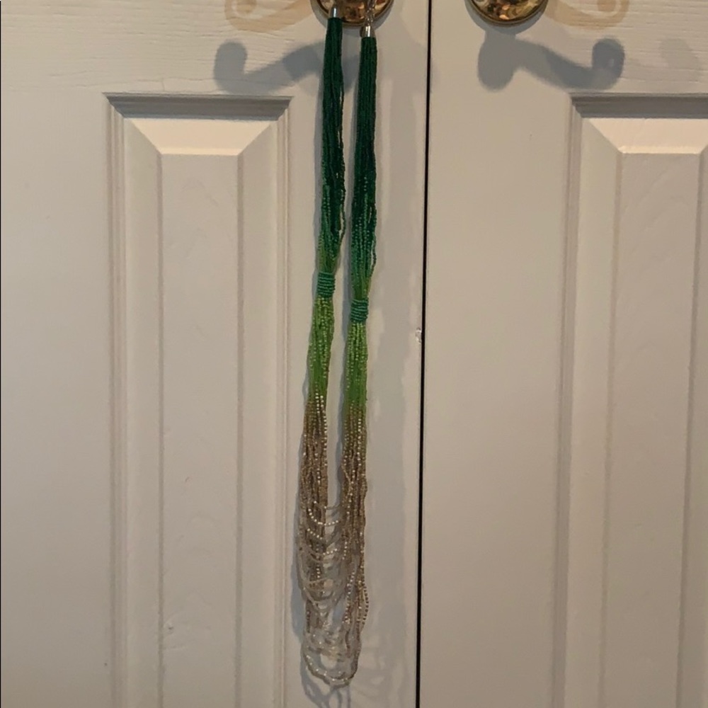 Green ombré hand beaded long necklace with 2 knots